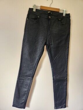 Toxik3 Black Coated Crocodile Snakeskin Print Skinny Jeans Size XXL (US 12) EUC